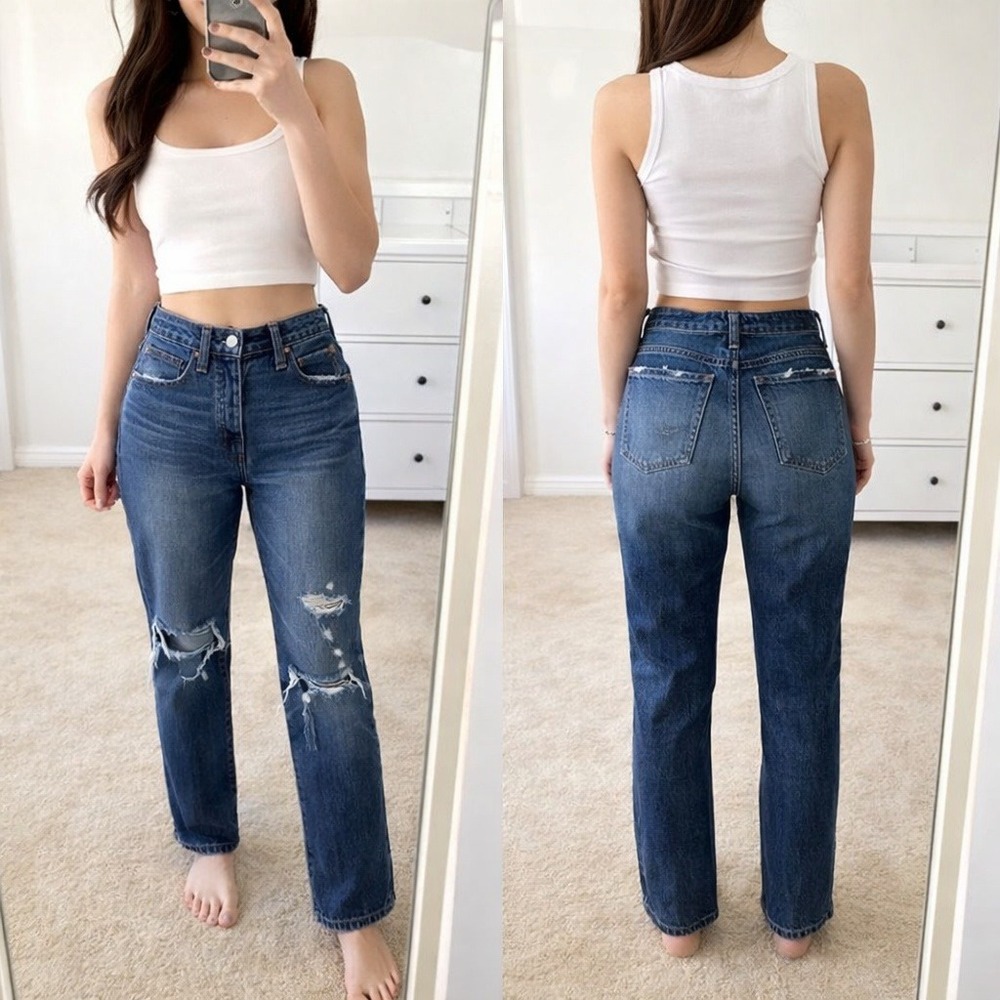 Abercrombie & Fitch 24/00S Ames Slim Boyfriend Womens Blue Good Distressed Jeans